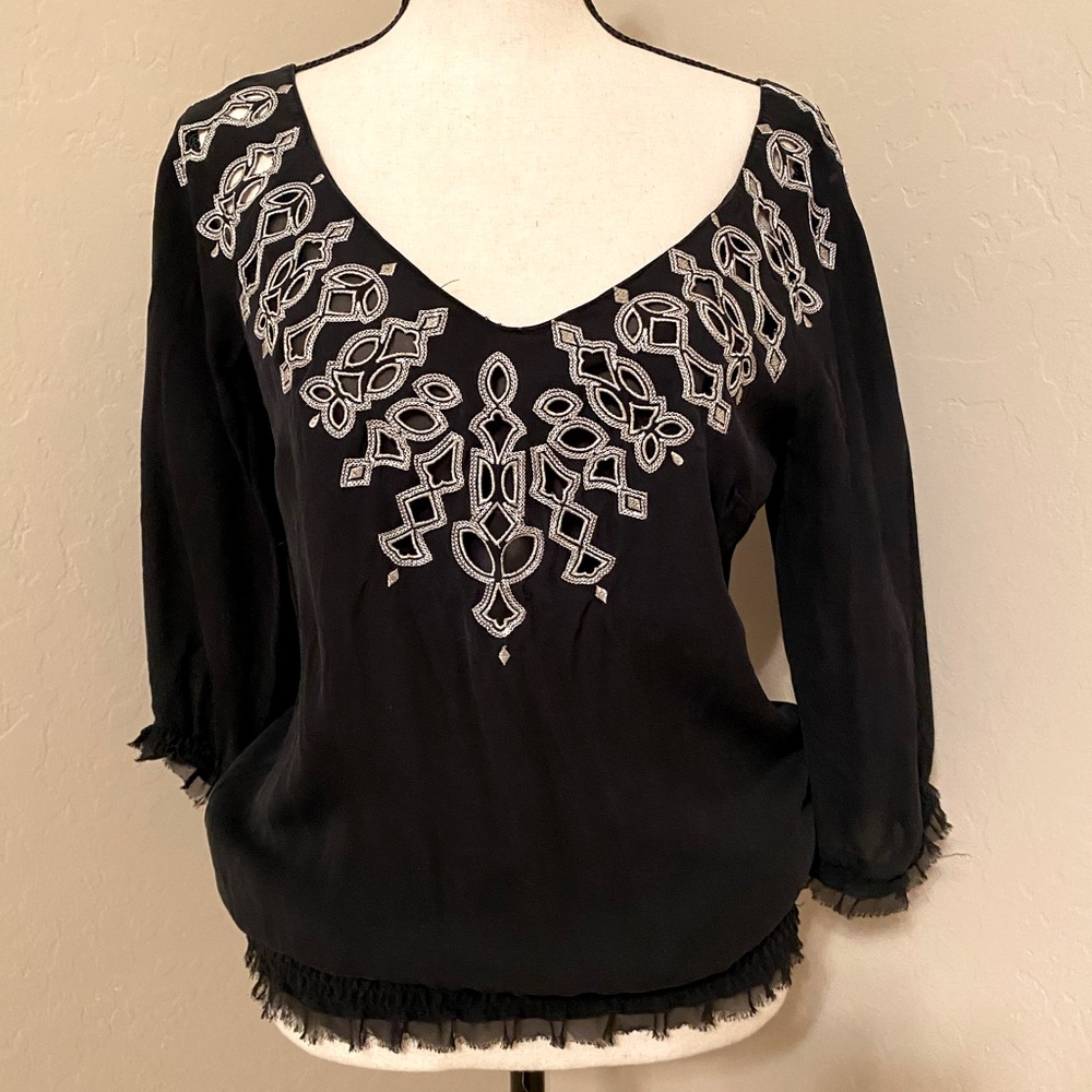 Black silk off the shoulder embroidered top